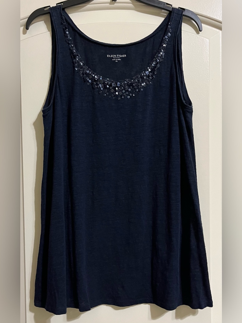 Eileen Fisher Navy Blue 100% Linen Sequin Scoop Neck Sleeveless Tank Top Size PS